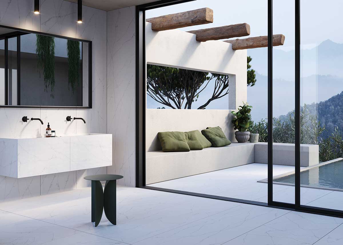 Silica-free Lapitec has been used throughout this bathroom Silica-free Lapitec has been used throughout this bathroom