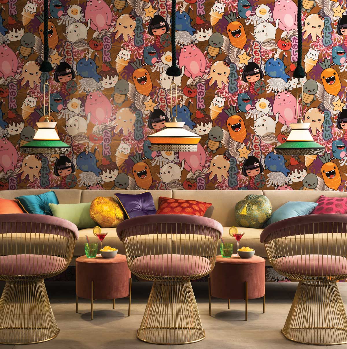 Novoceram produces ceramic tiles including the bold ‘Kawaii’ design used as wallpaper in a bar setting Novoceram produces ceramic tiles including the bold ‘Kawaii’ design used as wallpaper in a bar setting