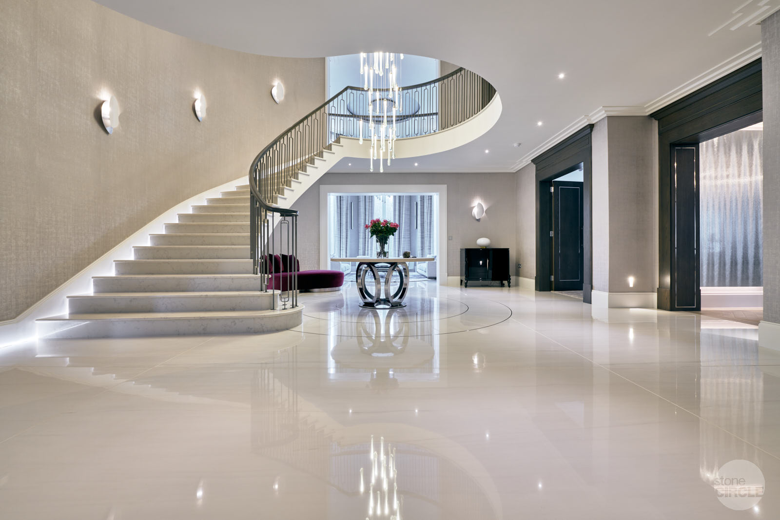 Water jet cut porcelain hall stairs