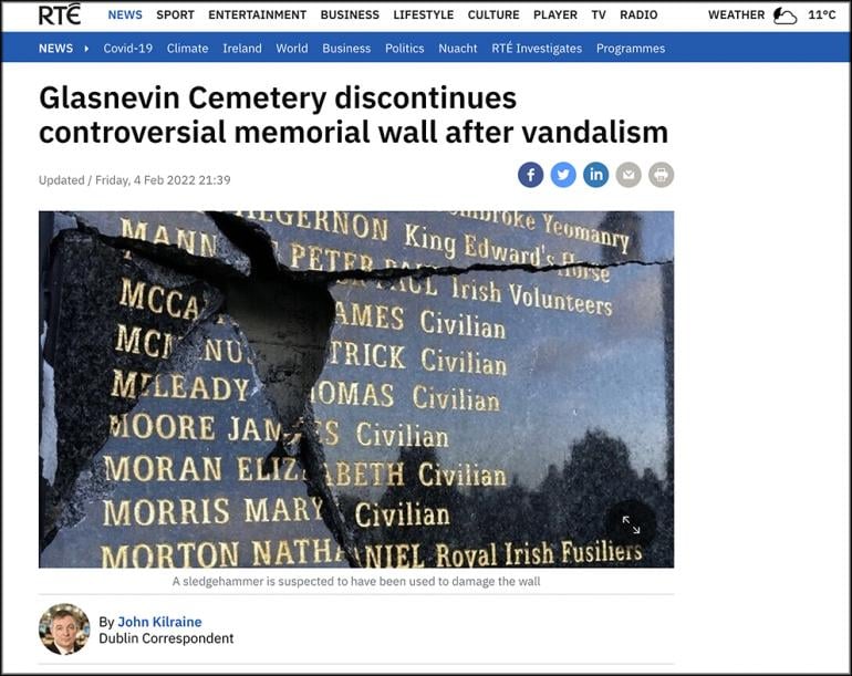 Damage to the Necrology Wall at Glasnevin Cemetery in Dublin