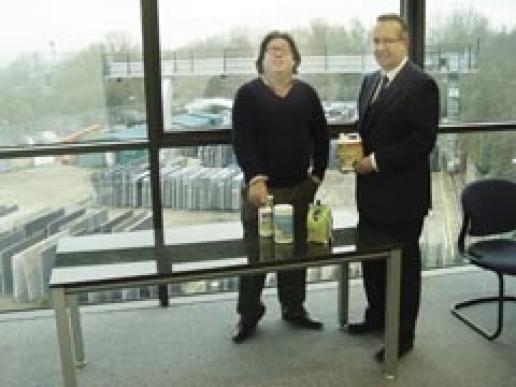 David Coster (left), heading DryTreat in the UK, with Stephen Pike of The Marble & Granite Centre at the stone wholesalers’ premises in Rickmansworth. David Coster (left), heading DryTreat in the UK, with Stephen Pike of The Marble & Granite Centre at the stone wholesalers’ premises in Rickmansworth.