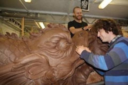QEST scholars Will Davies and Tom Nicholls, who are studying at the City & Guilds of London Art School, working on the decoration for the royal barge. QEST scholars Will Davies and Tom Nicholls, who are studying at the City & Guilds of London Art School, working on the decoration for the royal barge.