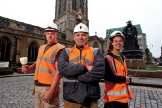Brendan Teasdale (centre), MD of Team Force Restoration with apprentice mason James Landless and National Trust trainee Alice Ward. Brendan Teasdale (centre), MD of Team Force Restoration with apprentice mason James Landless and National Trust trainee Alice Ward.