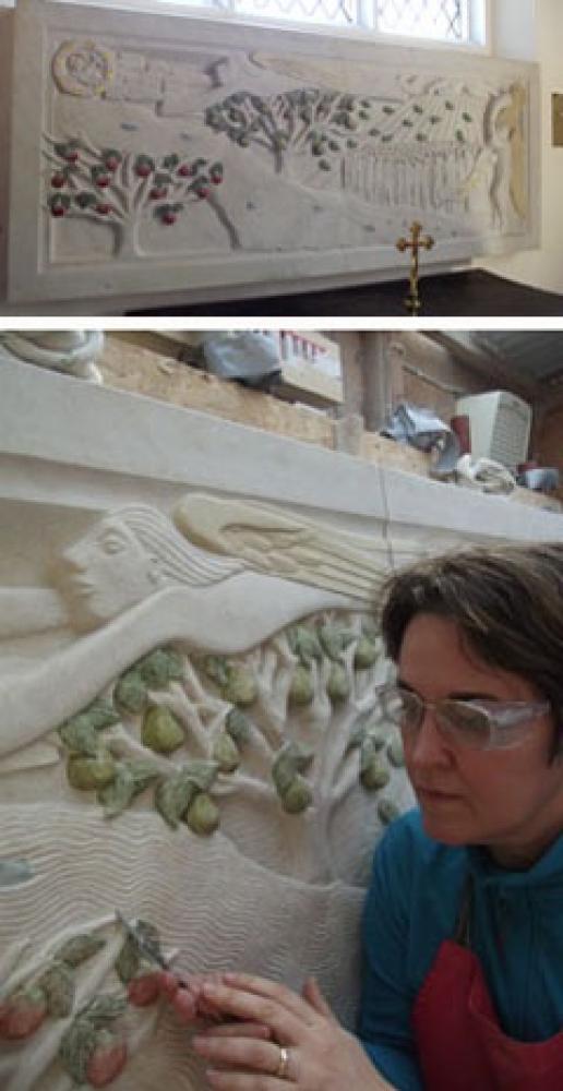 Antonia Hockton working on the reredos in her workshop and the finished work in the church. Antonia Hockton working on the reredos in her workshop and the finished work in the church.