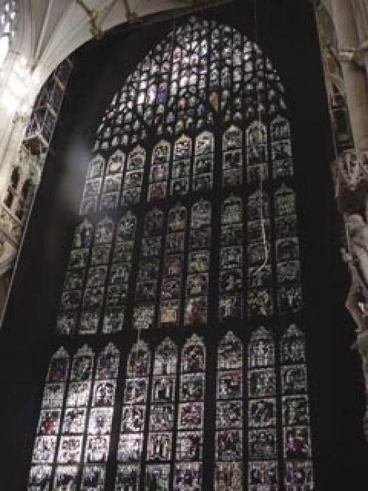 This is a drape covering the East Front window. Behind it the stonemasons are renovating the magnesium limestone tracery of the window. This is a drape covering the East Front window. Behind it the stonemasons are renovating the magnesium limestone tracery of the window.