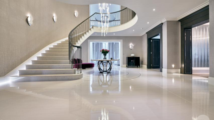 Water jet cut porcelain hall stairs