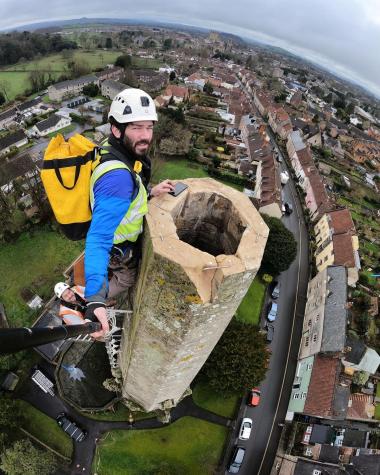 Sally Strachey Director James Preston at the top of the spire