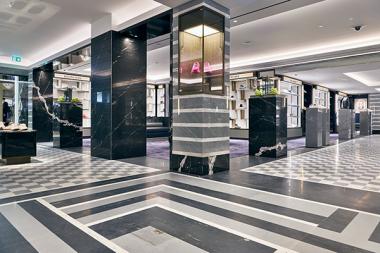 Bardiglio, Carrara and Nero Marquina marbles supplied and fitted at Harrods by stoneCIRCLE