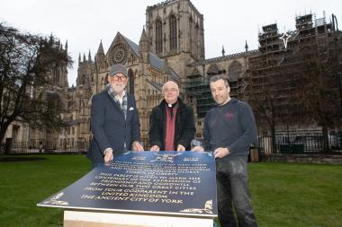 Mark Aiston, Aiston Fine Art and representing the St George’s Society of New York; The Very Revd Dominic Barrington; Richard Bossons – York Minster Stonemason