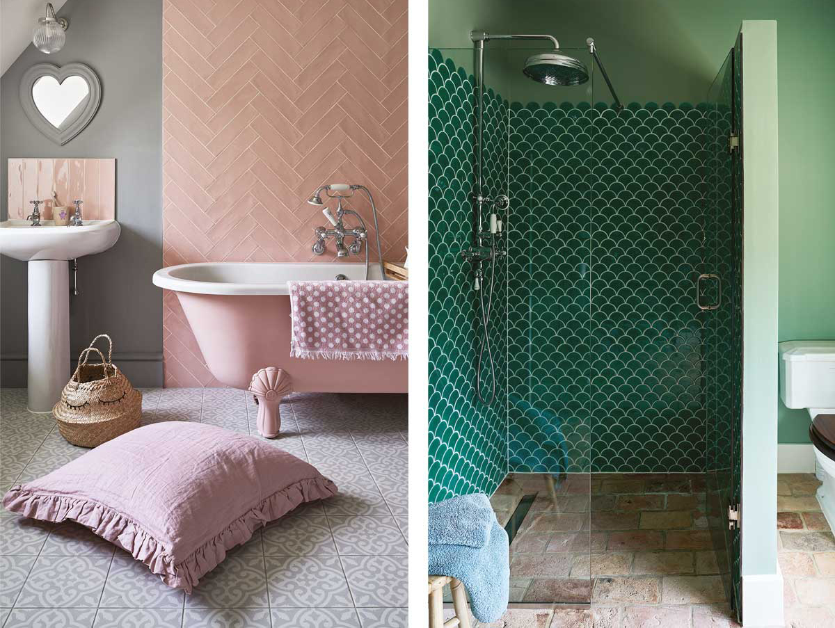 Herringbone tiled splashback in Carter Ceramic tiles in Rose and fully-tiled shower cubicle finished with bold Atlantic Porcelain Mosaic tiles in Emerald Herringbone tiled splashback in Carter Ceramic tiles in Rose and fully-tiled shower cubicle finished with bold Atlantic Porcelain Mosaic tiles in Emerald